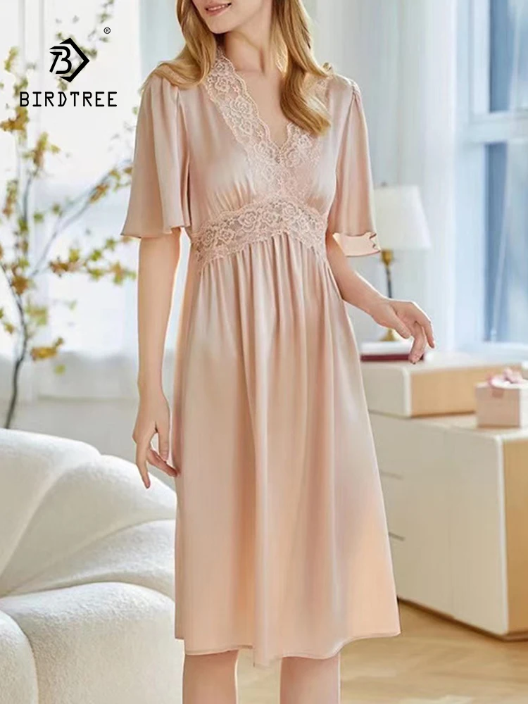 

BirdTree, 19MM 100%Real Silk Sexy Nightgown, Women With Chest Pads Deep V Neck, Elegant Lace Pajama Dress, 2024 Summer P46954QC