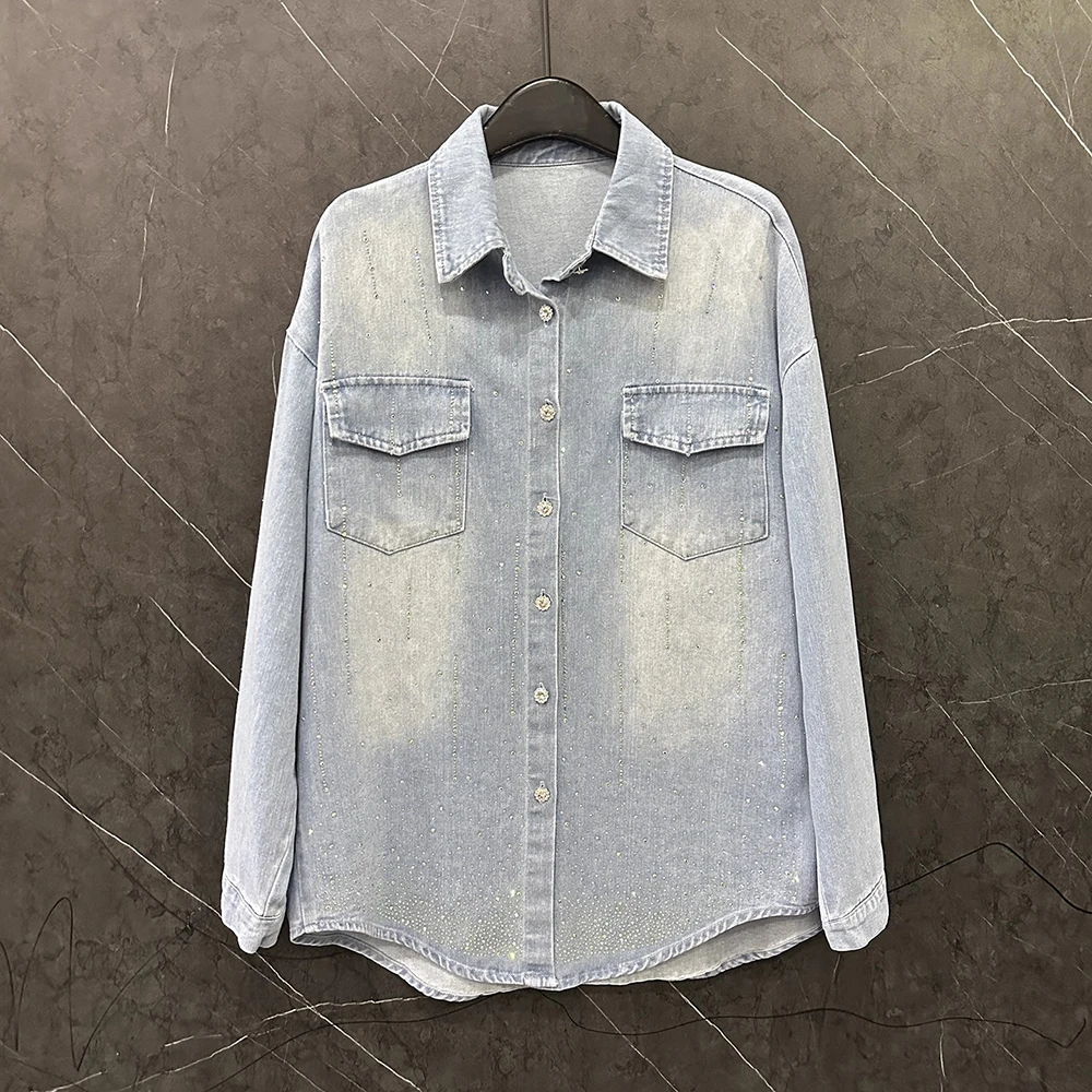 

Джинсовая блузка больших размеров, высокое качество, осенняя новая свободная повседневная женская рубашка со стразами и длинными рукавами