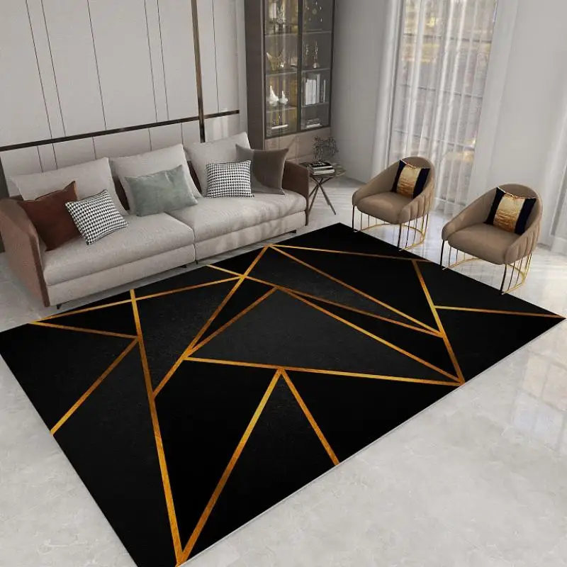 VIKAMA Black Gold Geometric Line Large Area Carpet Anti-slip Easy-to-Clean Sofa Mat Office Bedroom Carpet Home Decoration