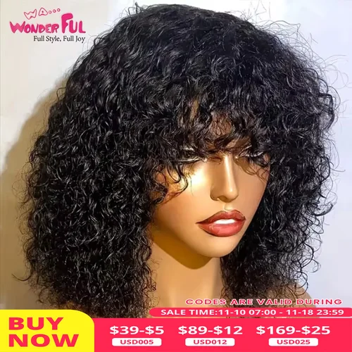 Pelucas brasileñas de cabello humano Jerry Curl con flequillo para mujeres negras maravillosas pelucas baratas hechas a máquina de cabello Remy Bob oscuro negro