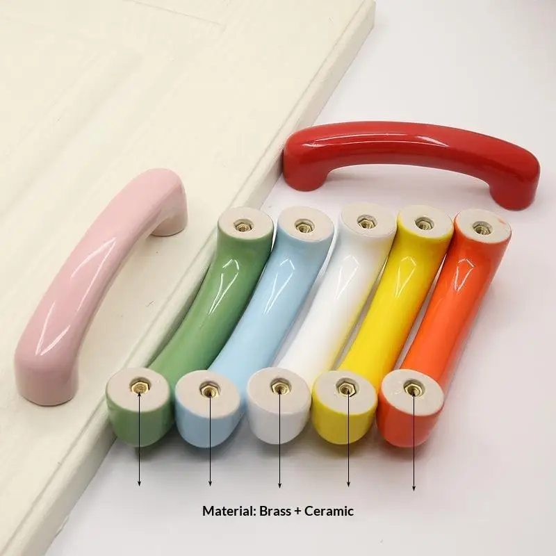 1pc Colored Long Strip Brass Bow Shaped Ceramic Cabinet Door Handle Wardrobe Drawer Door Handle