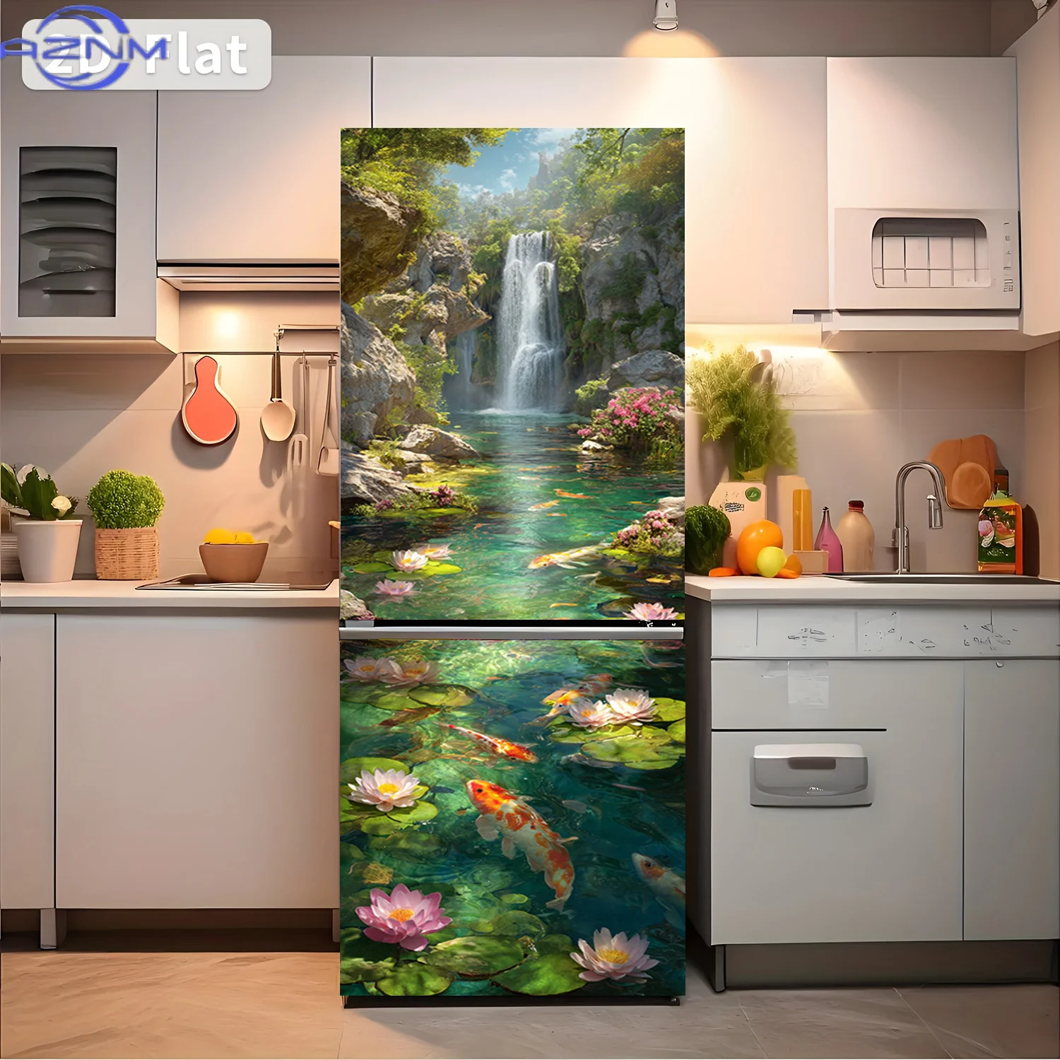 1pc of Refrigerator Sticker, , Featuring a Koi Waterfall Pond Design, Self-Adhesive Wall Decoration Wallpaper Suitable for Cab
