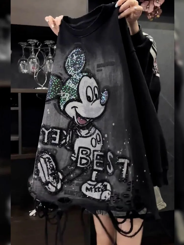 Europejska i amerykańska bluza z długim rękawem, luźna, z cekinami, perforacją i nadrukiem Myszki Miki.