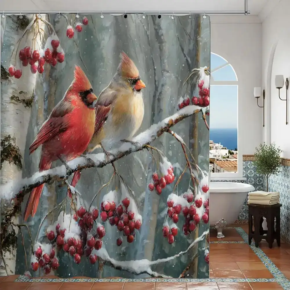 Realistic Woodland Birds and Berries Nature Shower Curtain Polyester Waterproof Bathroom Curtain Wildlife Animal Decor Home Deco