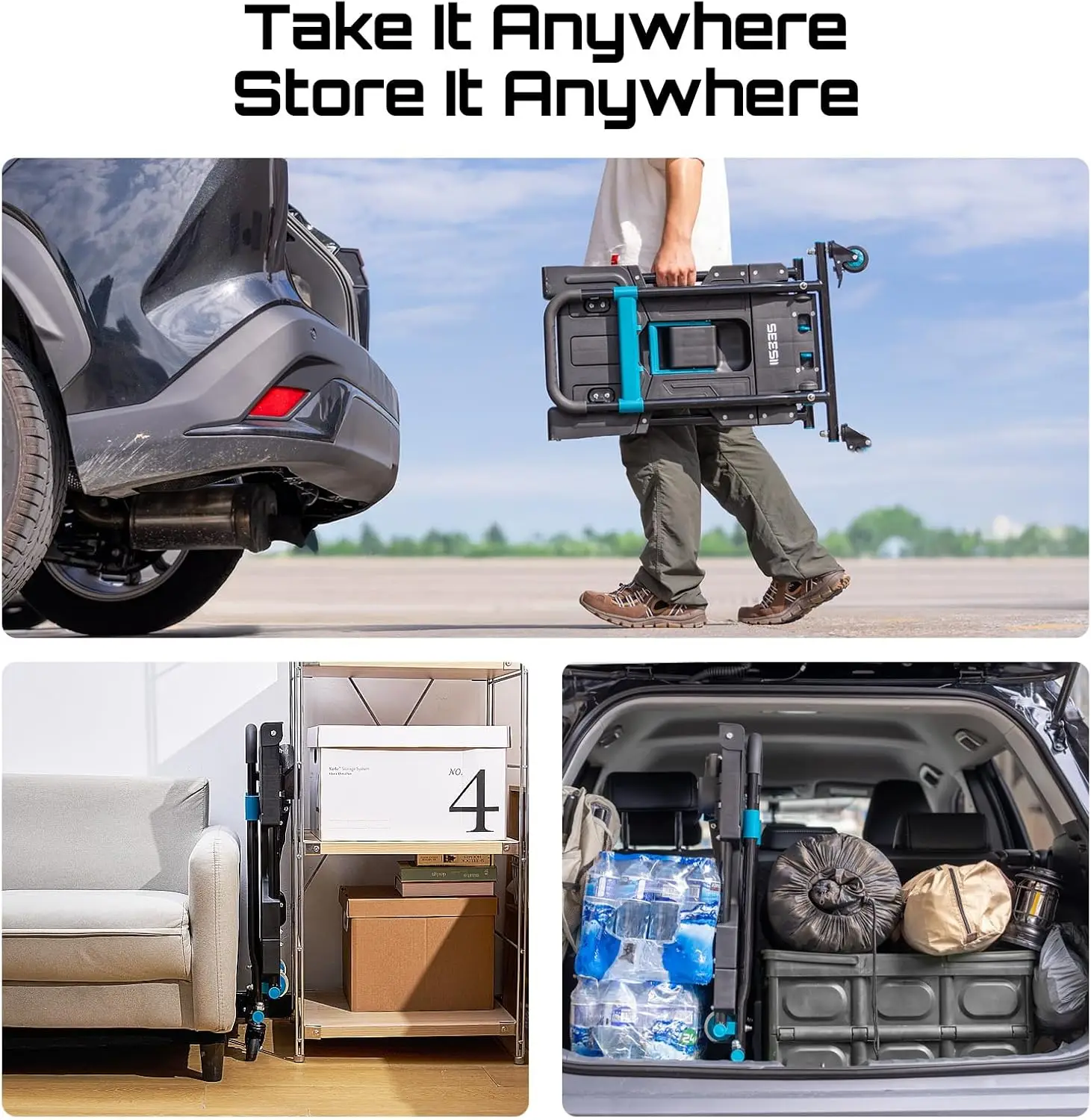 Seesii شاحنة يدوية قابلة للطي دوللي سعة 150 كجم عجلات TPR عربة شديدة التحمل 3 تروس قابلة للسحب لتسليم التسوق