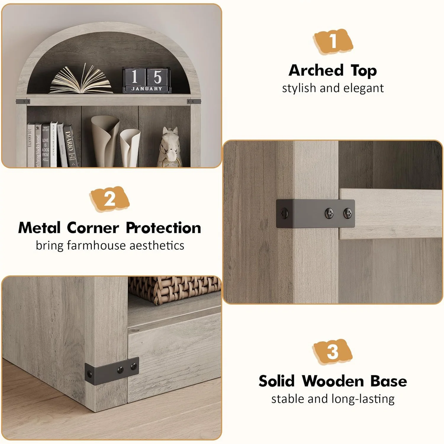 Gewölbtes Bücherregal mit 5 Regalen, 71,65 Zoll hohes Bücherregal, Bauernhaus-Display, Lagerregal, Bücherregale aus Holz für Zuhause, Büro, Wohnzimmer – Detail 5
