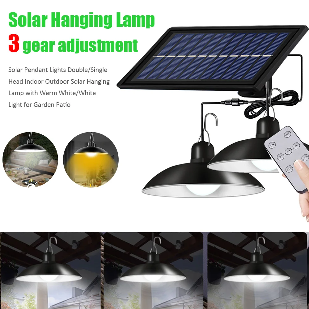 Solar Pendant Light with Double Head Shed Light Waterproof 4800mAh Remote Solar Powered Hanging Spotlight for Garden Yard Garage