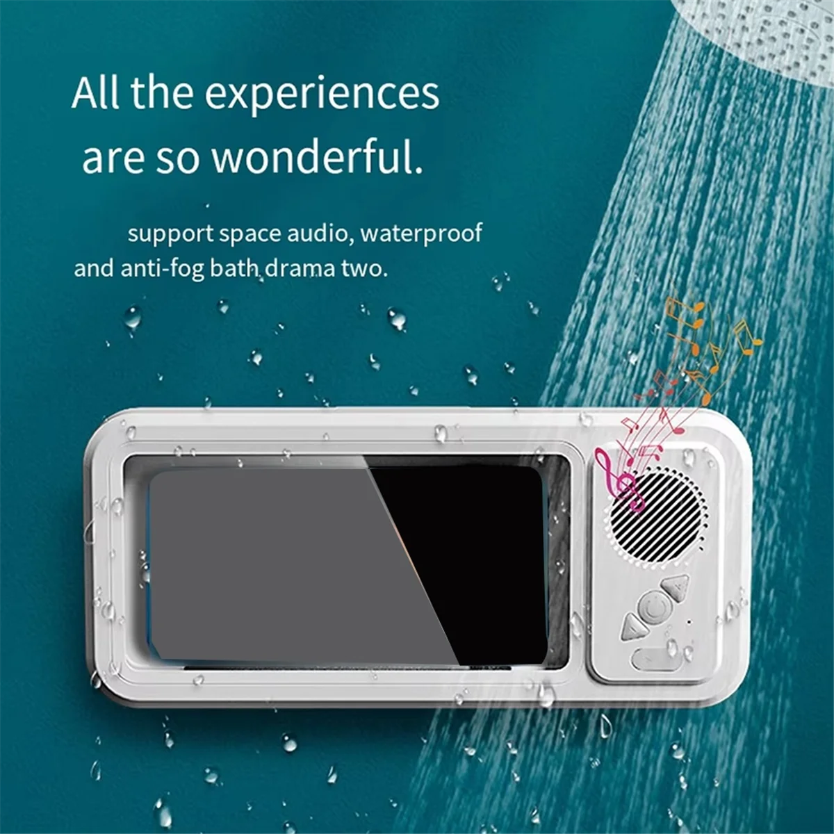 AB01 Shower Phone Holder with Bluetooth Speaker IPX4 Waterproof Anti-Fog Touch Screen Wall Mount for Shower Bathroom White
