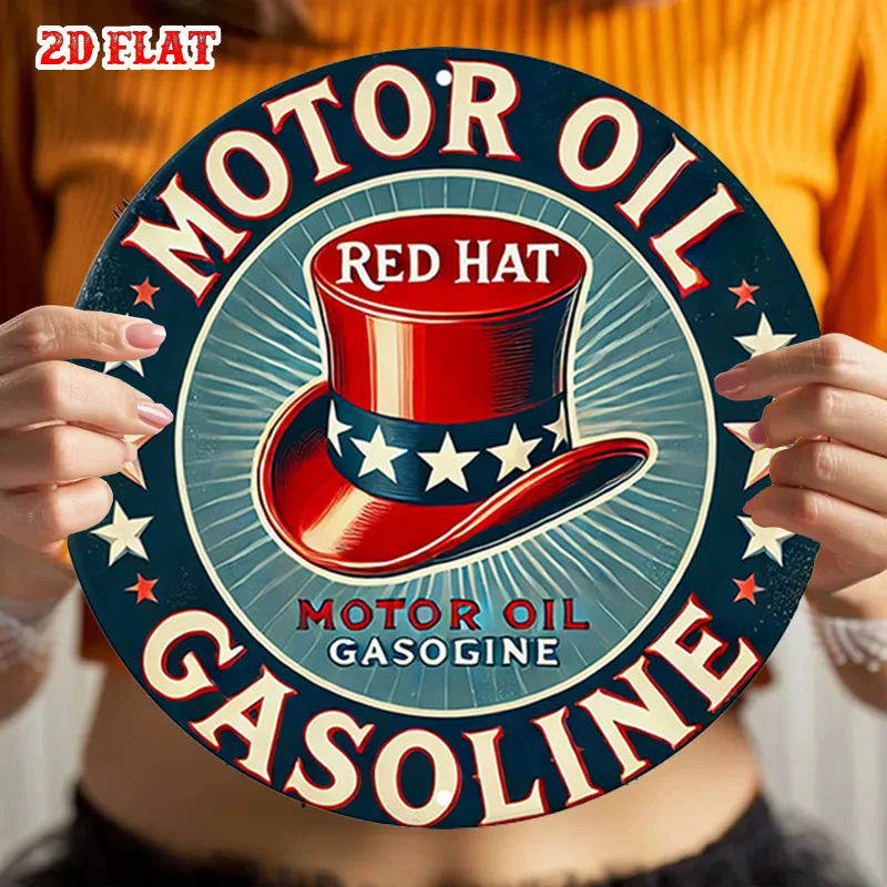 2D Flat Featuring a Round Design for Motor Oil, Adorned with Stars And Stripes.  Metal Decor And Is Suitable for Home, Garage