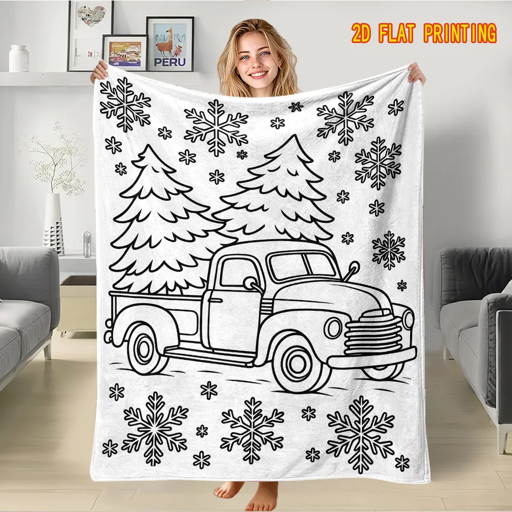 1pc 2D Flat DIY Colorable Vintage Truck Xmas Throw Blanket, Black White Line Art Truck & Christmas Tree Print
