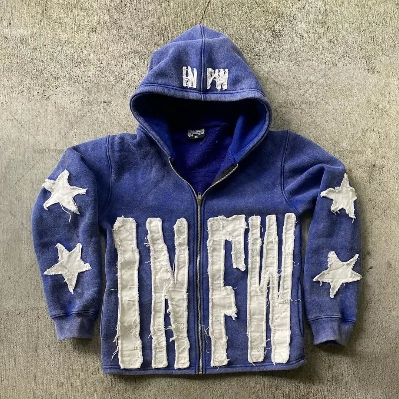 Y2k American High Street Brand Jacket Men New Star Letter Embroidered Zipper Hoodie Street Hip-hop Retro Casual Sweatshirt Women