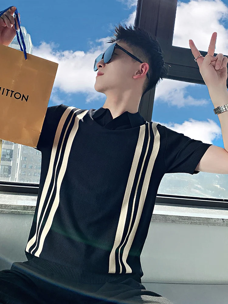 Black Stripe Short Sleeve  Shirt Men's Slim Fit Summer New Style 2023 Fashion Brand Half Sleeve Trendy Cotton Blend T-Shirt