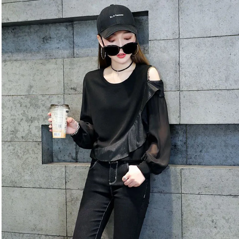 

2024 Spring Summer Stylish Ruffles Off Shoulder T-shirt Commute Solid Color Patchwork Women's Clothing Slim All-match Pullovers