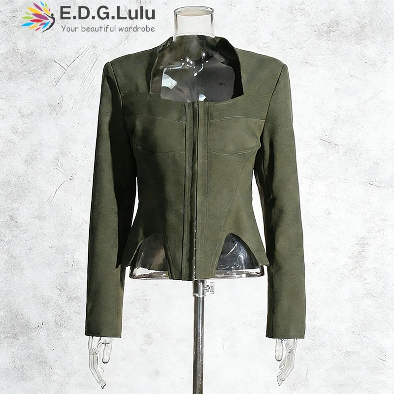 EDGLuLu Women Square Neck Single Breasted Fishbone Waist Blazer Street Slim Casual Irregular Suit Coat 2026 0415