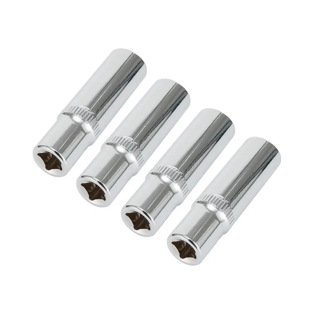 4pcs 10mm Hexagon Deep Socket Wrenches 1/4 Inch Drive Chrome Vanadium Steel High Torque Silver Hand Tools Set For Mechanics