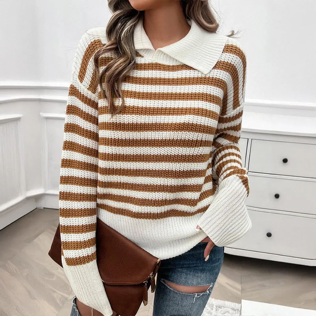 

Women's Loose Pullover Striped Color Contrast Long Sleeve Sweater Kai Kuo Europe And the United States Autumn Winter Leisure