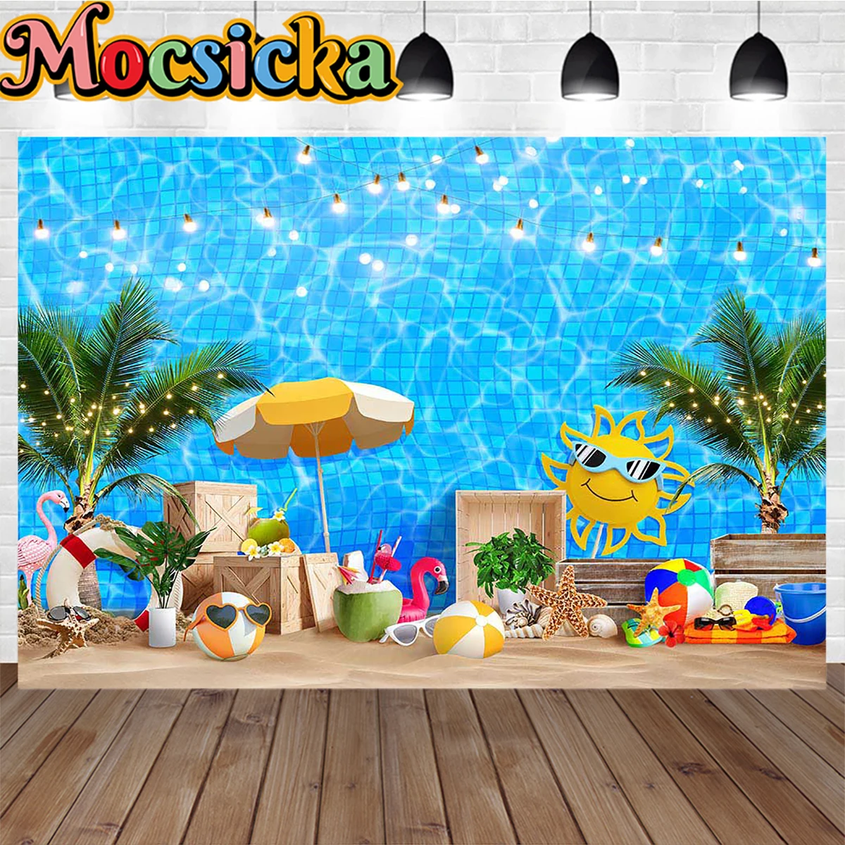 

Mocsicka Summer Beach Kid Party Background Blue Pool Palm Tree Flamingo Decoration Backdrop Prop Newborn Cake Smash Studio Booth