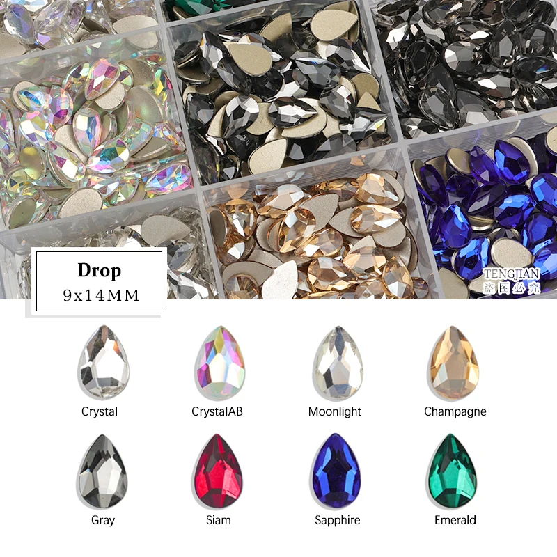 Drop Shape 9x14MM Flat Back Nail Art Rhinestone 12 Color Glass Stone DIY Manicure Decorations Mini Diamond 100Pcs