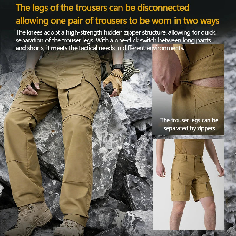 Outdoor tactical pants, detachable legs, multi-pocket elastic checkered fabric, durable spring and autumn long pants