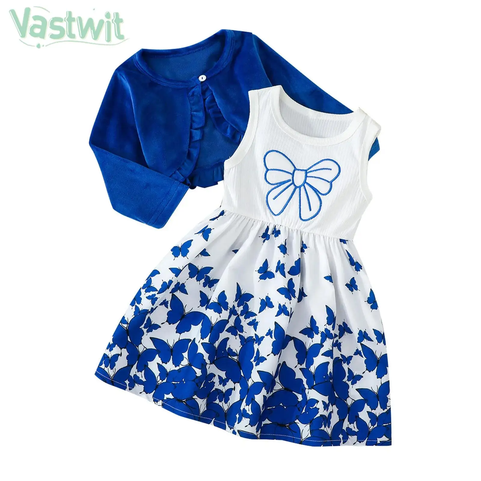 Little Girls Spring Autumn Sweet Cute Costume Set Long Sleeve Cardigan with Sleeveless Bowknot Floral Dress for Birthday Party
