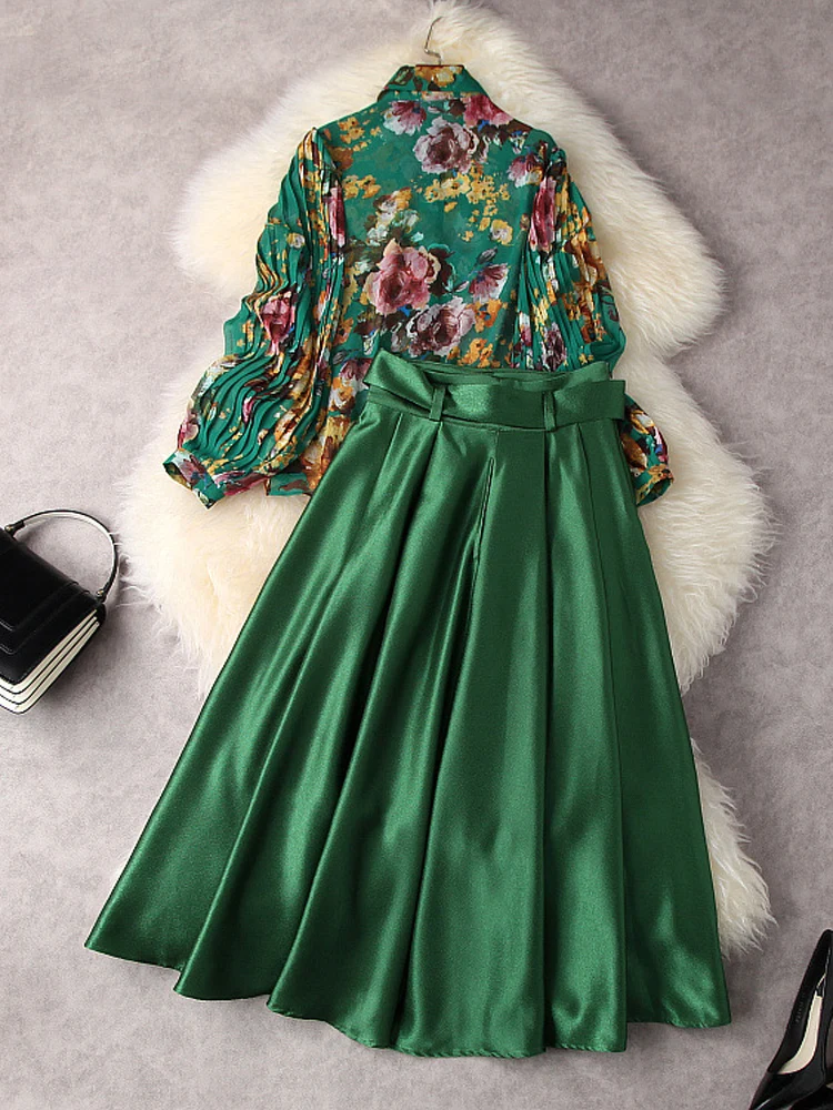 ZJYT Designer Fashion Lantern Sleeve Print Chiffon Blouse and High Waist Skirt Set Womens Green Outfit 2Piece Dress Suits Spring