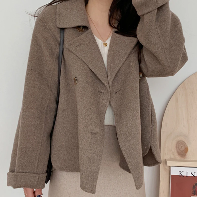 Temperament Suit Collar Woolen Coat  Women Chic Autumn/Winter Double Breasted Casual Loose Versatile Long sleeved Warm Jacket