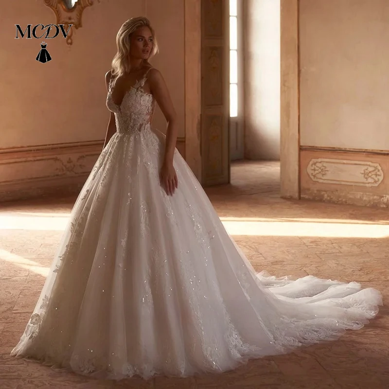 

MCDV Ball Gown Wedding Dress for Women Bride Customized V Neck Sleeveless Sequined Applique See Through Bridal Gown Robe Mariee