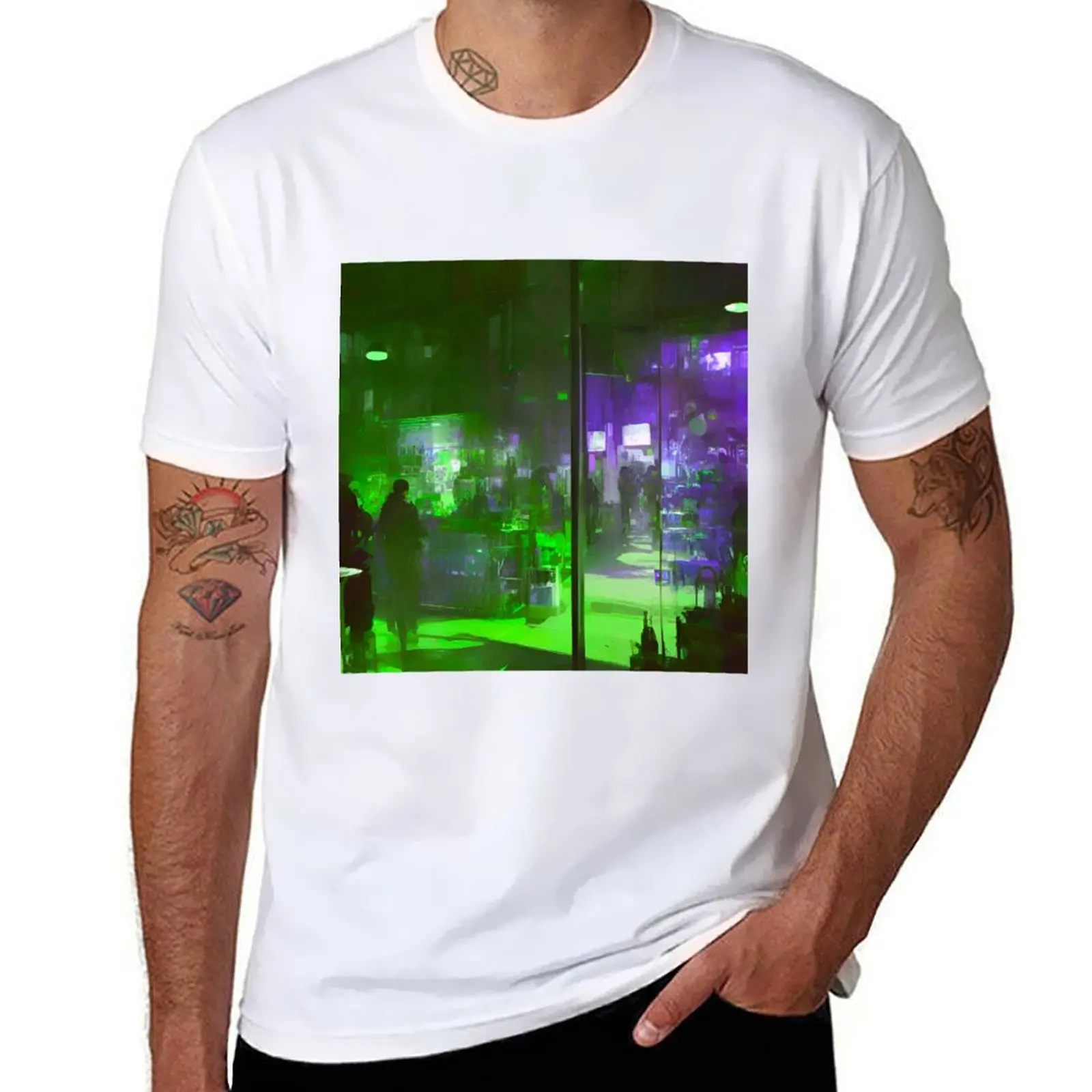 Oasis urbano encantado: camiseta con estampado de escena callejera verde y morado, camiseta con estampado de arte callejero