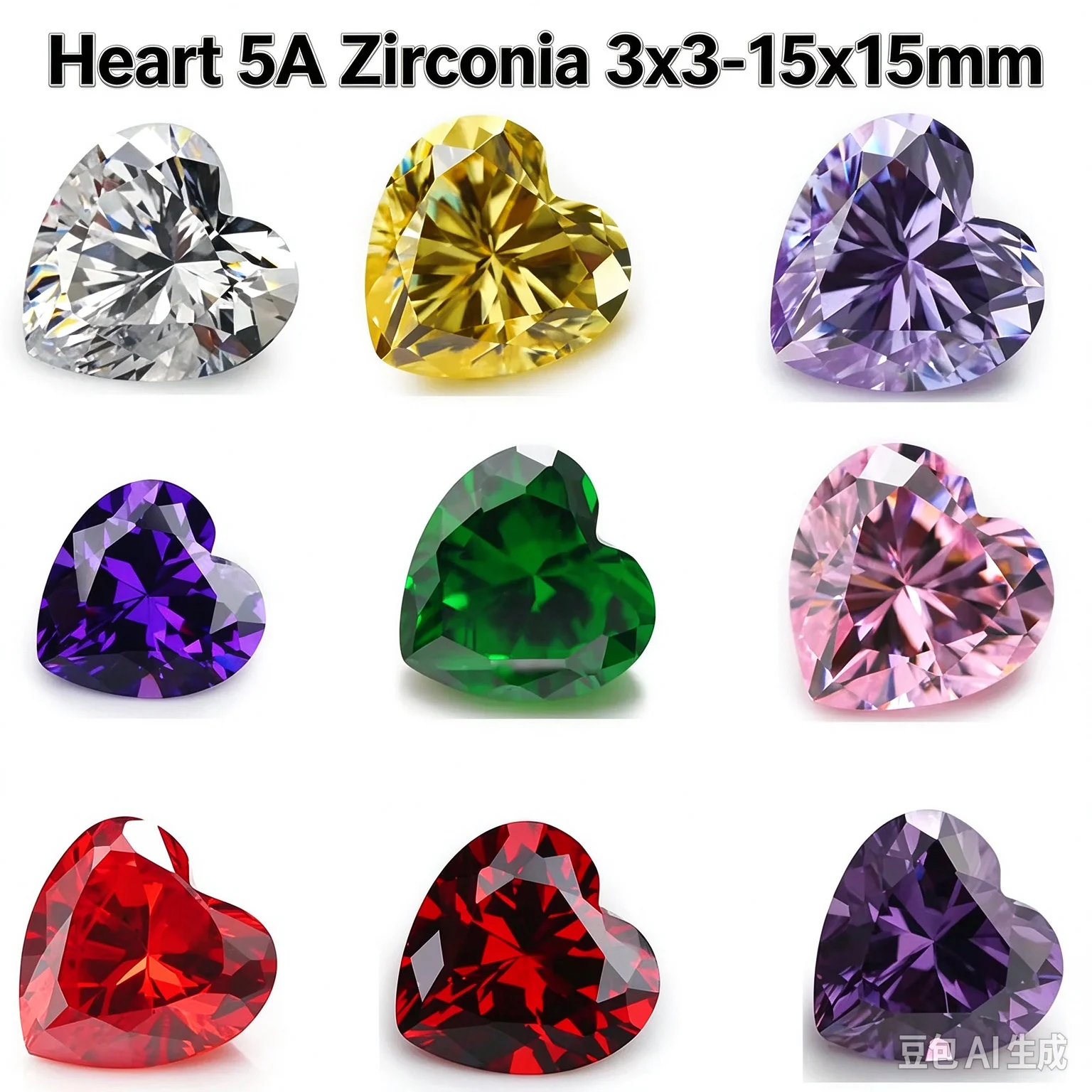 50pcs 3x3~15x15 AAAAA Heart Shape White , Voilet,Olive , Purple, Black, Pink Cubic Zirconia Stone Loose cz