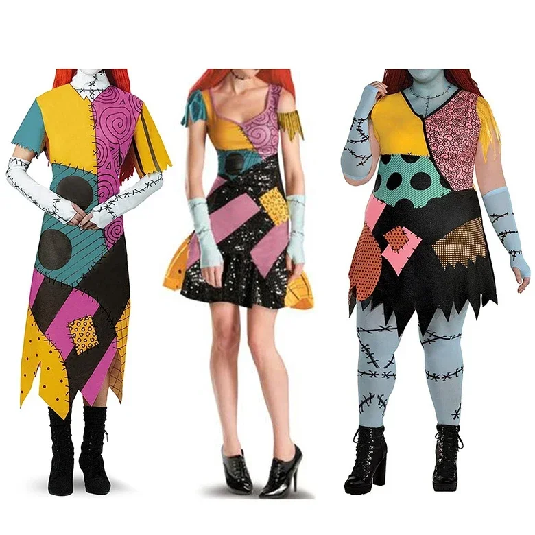 

Halloween Movie Cosplay Zombies Costume Party Sally Women Sleeveless Dresses Female Gothic Clothes Outfit Zentai Bodysuit leggin