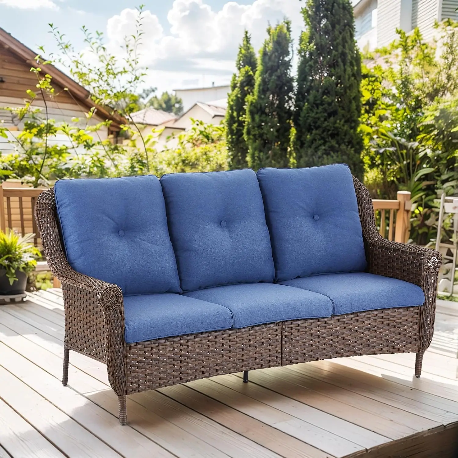 Patio Wicker Sofa 3-Seat Rattan Couch Brown Rattan Sofa with Chrysanthemum Armest & Water Resistant Cushions Sofa