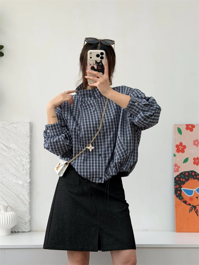 Retro Style Short Cotton Jacket Women Loose Shoulder Drop Shoulder Pure Cotton Stand Collar Blue White Plaid Spring Outerwear