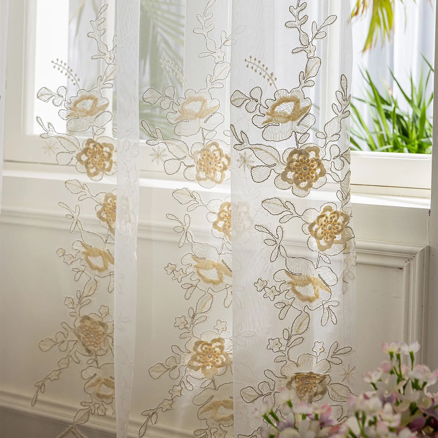 Hand-applied floral embroidery with a relief effect; modern minimalist style luxury Curtains for Living dining room bedroom