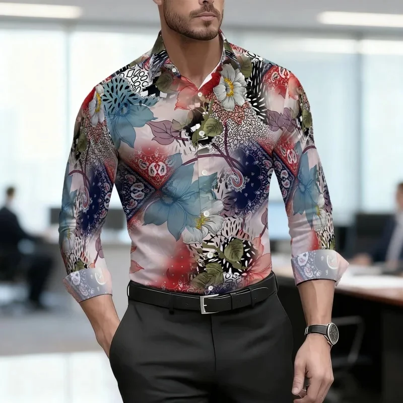 Men's shirt light luxury cashew flower print long-sleeved shirt casual collar shirt Spring and Autumn new men's top