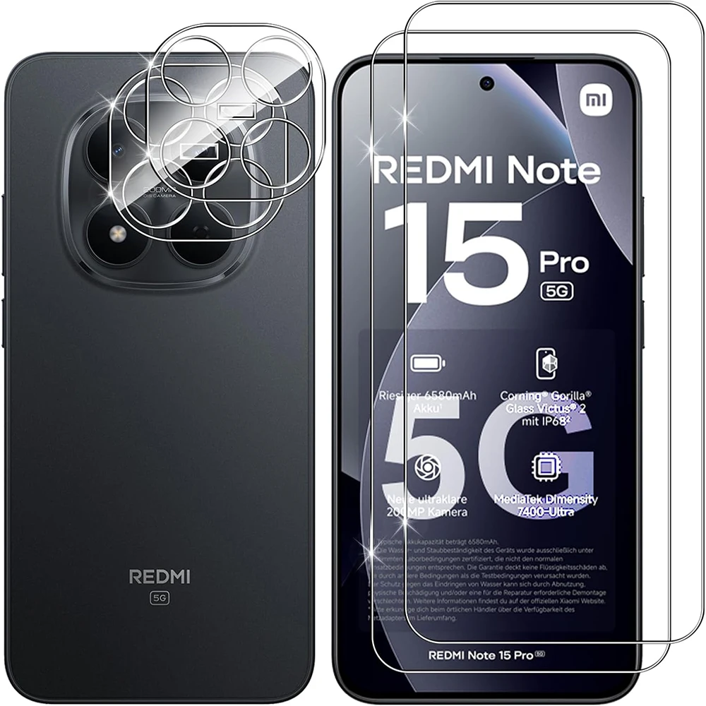 Protetor de Tela de Vidro Temperado 2.5D 9H e Película para Lente de Câmera para Xiaomi Redmi Note 15 Pro 5G