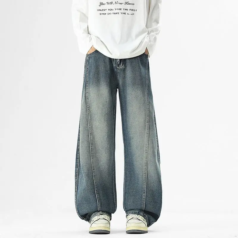 Men's Jeans Versatile High Street Pants American Style Patchwork Retro New Autumn Straight Tube Loose Casual Washed Pants