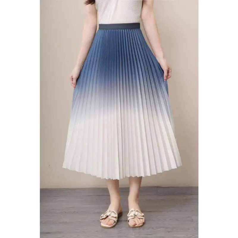 Nova saia gradiente drapeada de alta qualidade feminina nova saia longa de cintura alta saias plissadas alongadas