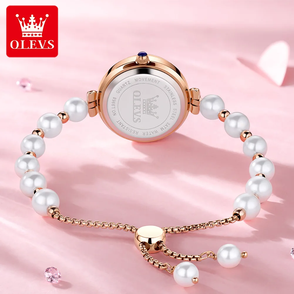 OLEVS Original Brand Women\'s Watches Fashion Pearl Chain Strap Waterproof Popular Quartz Watch Student Girl Trendy Diamond Inlay