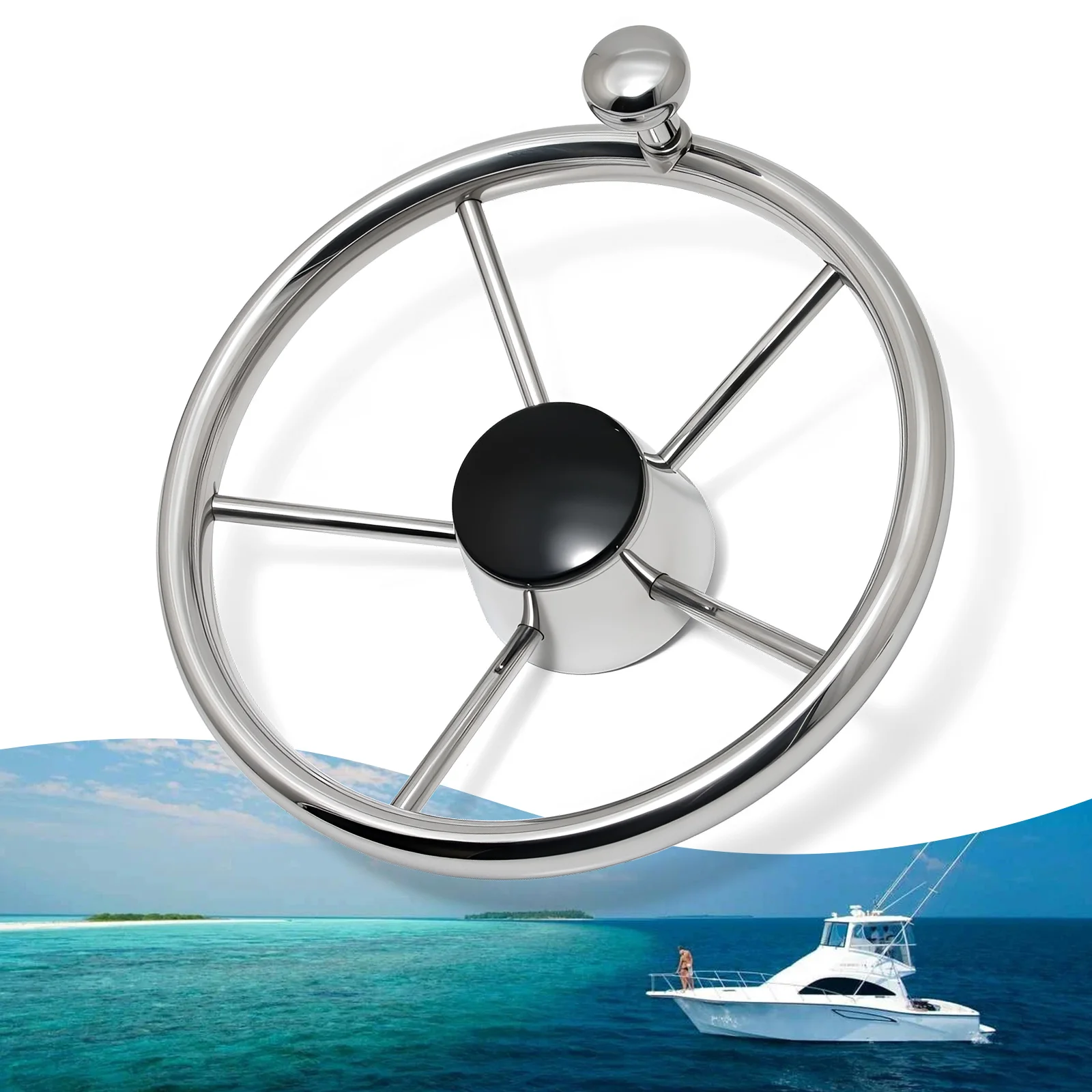 11Inch Stainless Steel Steering Wheel Mirror Polished Yacht with Control Knob 5 Spoke Destroyer For Yacht Boat Accessories