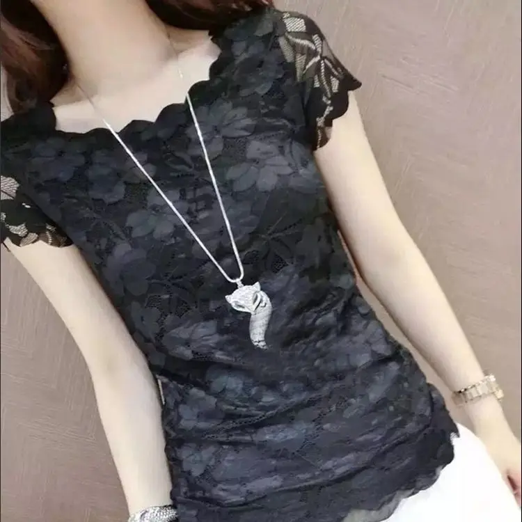 Summer Sexy Off Shoulder Lace Bottom Shirt Women\'s New Short Sleeve T-shirt Mesh Blouse Top