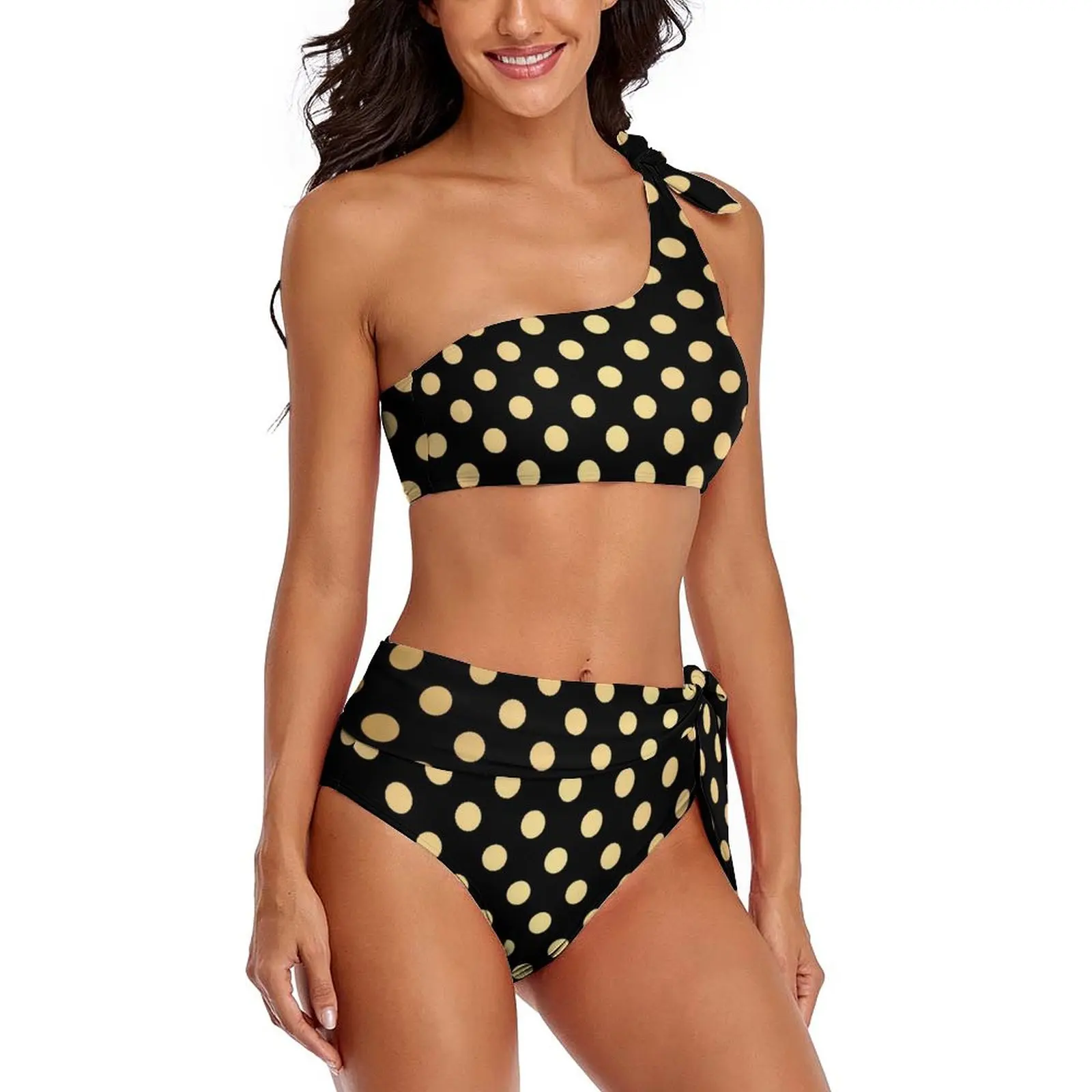 Vintage Polka Dots Bikini Set Black And Gold Bikini Swimsuit Sexy High Waisted Funny Swimwear Swim 2 Piece Bathing Suit