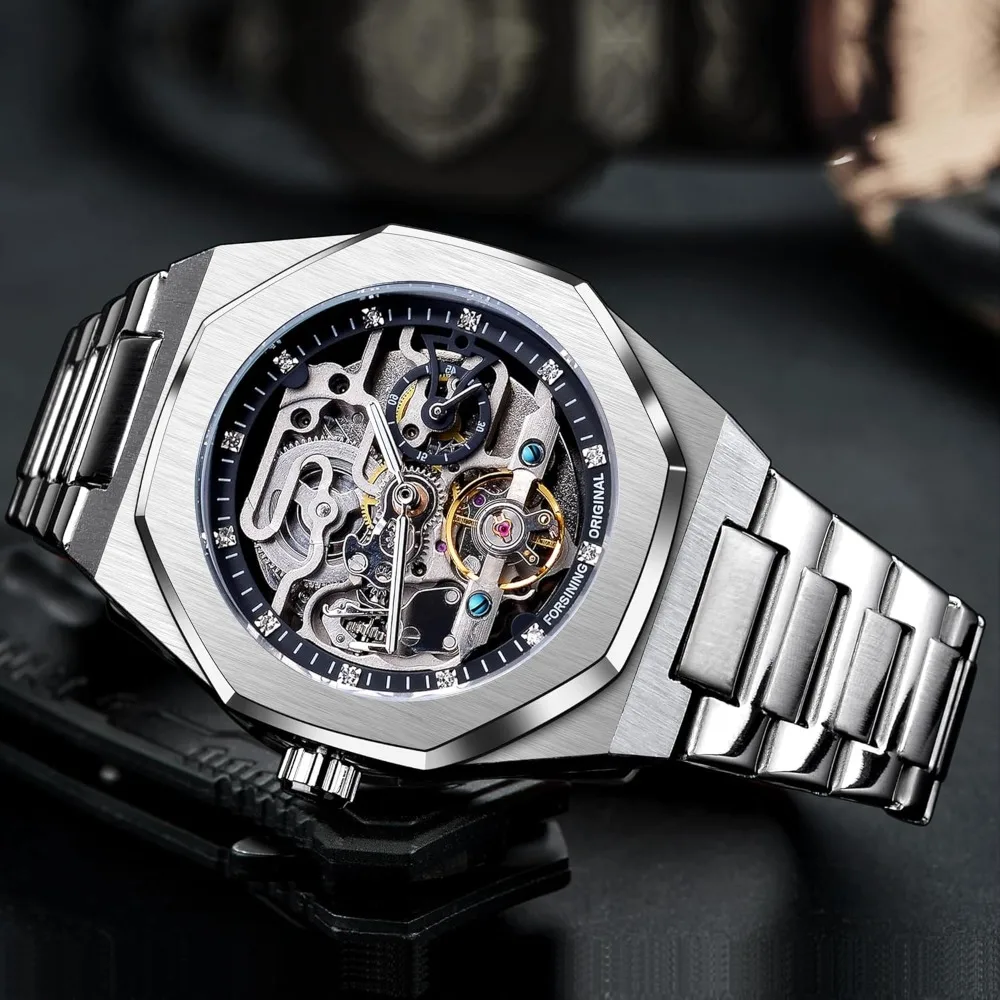 Vintage Automatic Mechanical Watch for Men - Big Dial, Luminous Moon Phase, Golden Hollow Tattoo Pattern, Self-Wind