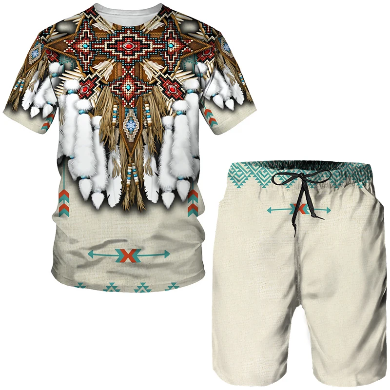 Native Pattern 3D Print Kids Sets Fashion T-Shirts Beach Board Shorts Tees Tops Vintage Indian Boys Girls Sportswear Suits