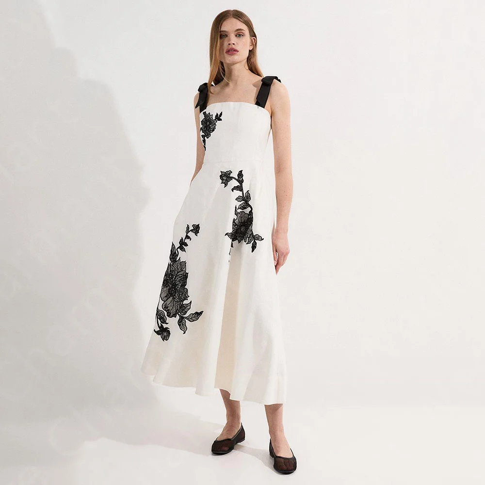 

Customized Charming Contrast Color Prom Gowns Tea Length Evening Dress 2025 Wedding Party Gown Lace Applique Sleeveless Back Out
