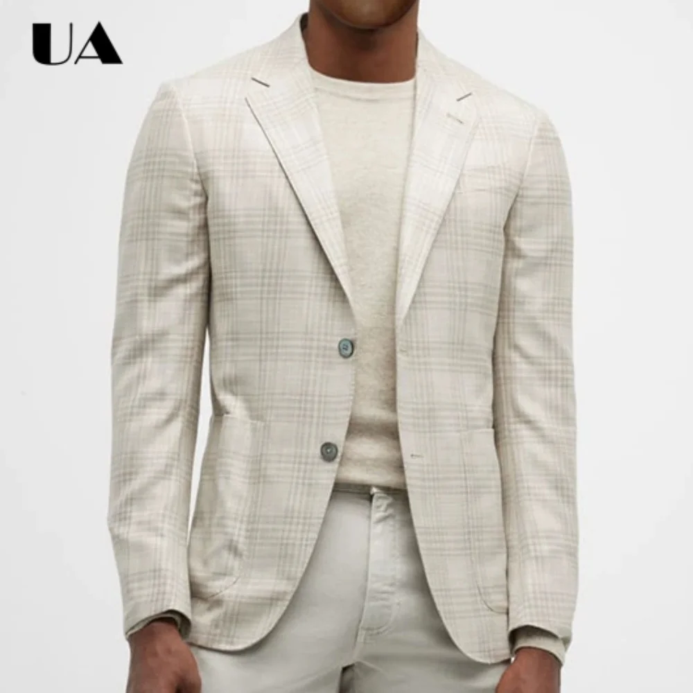 

Мужской бежевый приталенный пиджак в клетку с отложным воротником, модный, для официальных мероприятий, коктейльных вечеринок, свадеб, роскошная летняя верхняя одежда