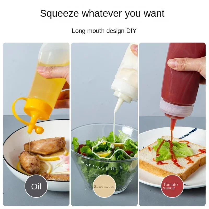 240/360/450/500/680ml Squeeze Condiment Bottles with On Cap Lids Ketchup Mustard Sauces Olive Oil Bottles Kitchen Accessories