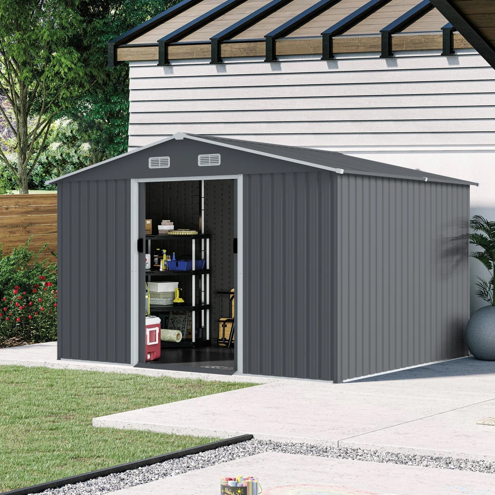 8 x 10 FT Outdoor Storage Shed Large Metal Tool Sheds, Heavy Duty Storage House with Sliding Doors with Air Vent for Backyard