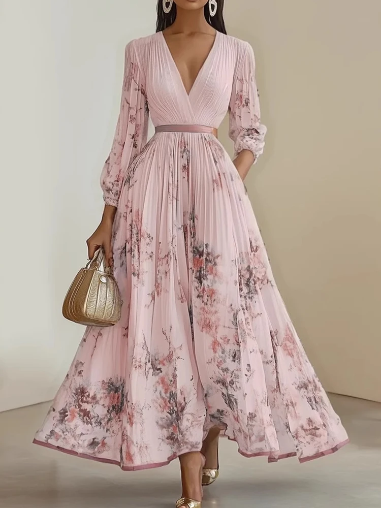 ฤดูใบไม้ผลิฤดูร้อนใหม่แขนยาวชุดพรรคเรียบง่ายผู้หญิงลึก V คอ Chic พิมพ์ชุด Maxi, 2025 Patchwork แฟชั่นสุภาพสตรีชุด