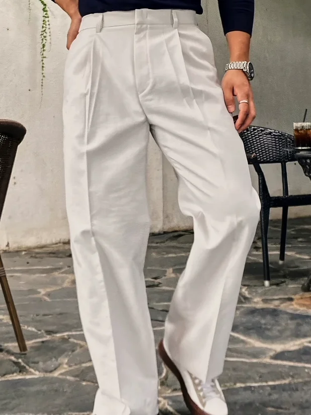 

Men's Casual Workwear Pants Straight Leg Loose Fit Trousers with Hidden Button Design Comfortable Straight Leg Trousers