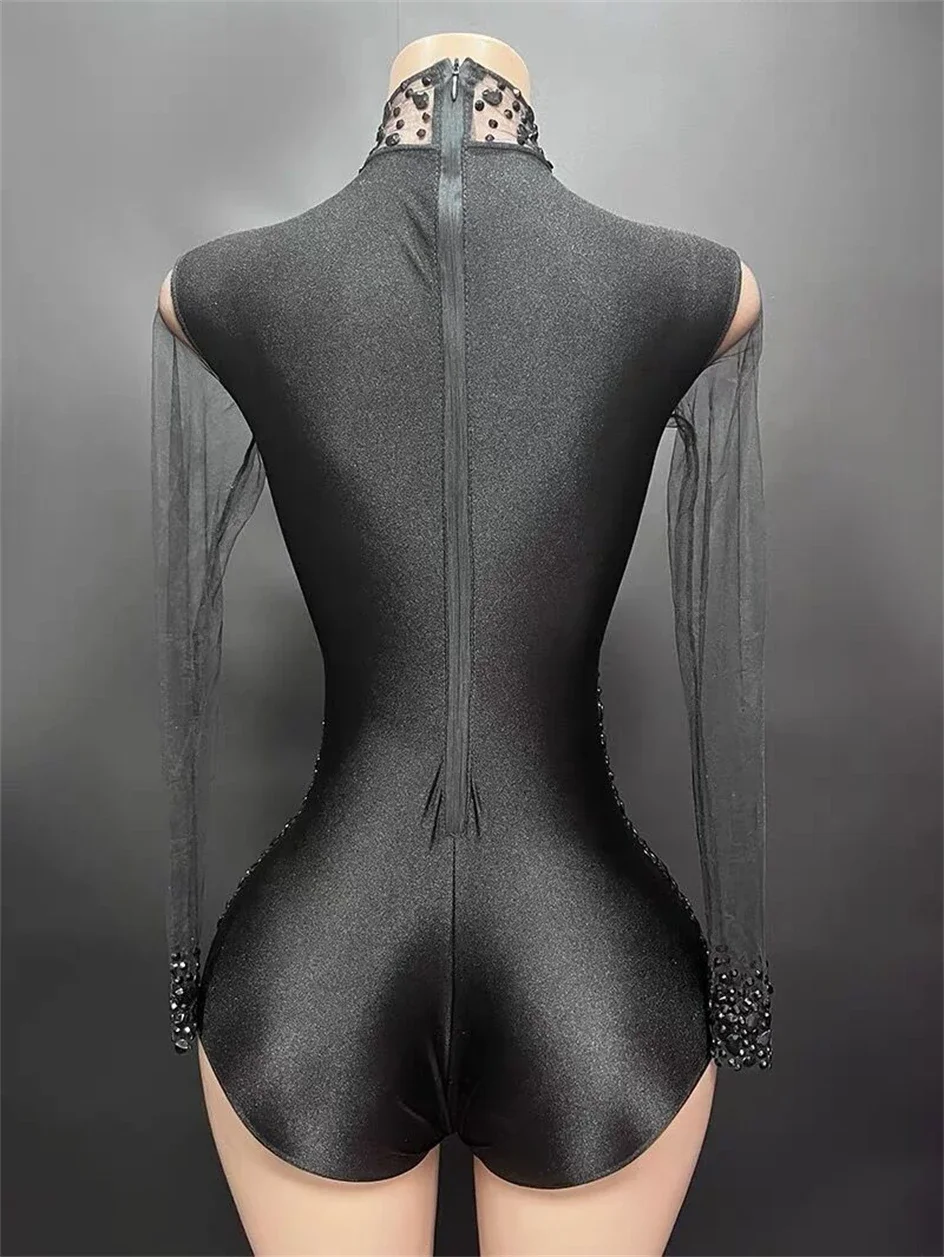 Nightclub Singer Dancer Stage Playsuits Luxury Crytrals Black Sexy See Through Mesh Bodysuit Evening Party Performance Costume